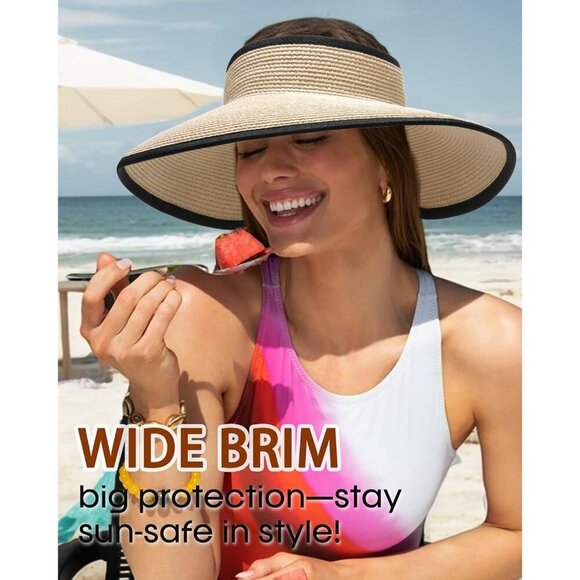 Women’s Straw Sun Visor Hat Wide Brim Packable UV Protection Vacation Beach main image 5